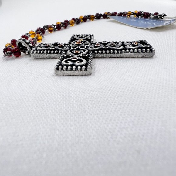 NWT - Nine West - Jeweled Heart Cross Silver Tone Red & Yellow Beaded 14” Choker - Picture 7 of 8